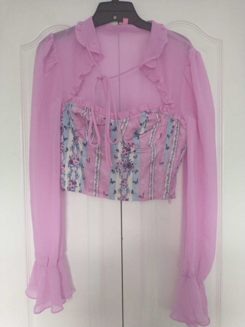 Sugar Thrillz Pink Floral Stripe Sheer Sleeve Corset Top